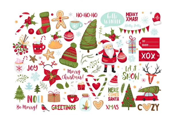 Şirin Noel sembolleri seti, tasarım elementleri. Beyaz arkaplanda yeni yıl el çizimi düz illüstrasyon.