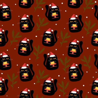 Kedilerin ve hediye kutularının olduğu kusursuz bir Noel deseni. Kedilerle el çizimi pürüzsüz bir arka plan.
