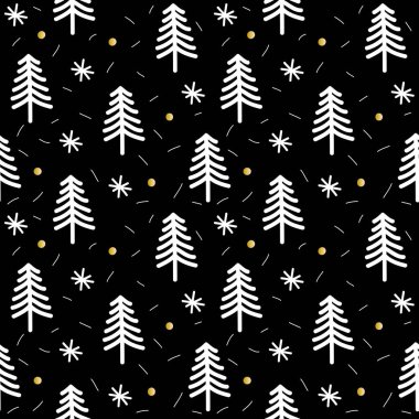 Siyah arka planda Noel ağaçları ve kar taneleri olan kusursuz bir desen. Minimum sanat afişi, poster. Paket kağıdı, duvar kağıdı için tatil arkaplanı.