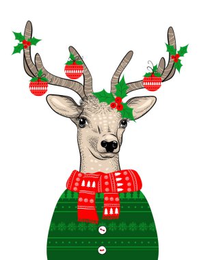 Beyaz arka planda yeşil kazaklı Noel geyiğinin el çizimi tasviri