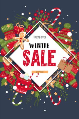 Noel, yeni yıl, kış satış afişi. Poster, arka plan, el ilanı, davetiye kartı, kış elemanları Vektör illüstrasyon ile şablon tasarımı