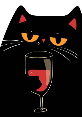 Grumpy Black Cat with Wine Glass Funny Cat Illustration clipart