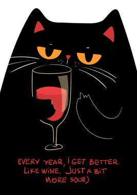 Grumpy Black Cat with Wine Glass Funny Cat Illustration clipart