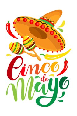 Cinco de Mayo posteri, el yazısı çizilmiş araba tasarımı, sombrero ve marakas, bayram sembolleri. Vektör illüstrasyonu EPS10
