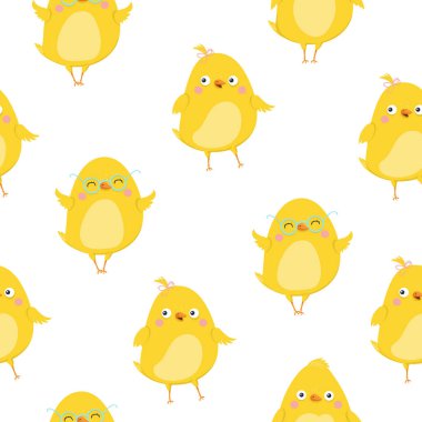 Tavuk desenli şirin çizgi film. Komik sarı tavuklar, vektör çizimi. Kusursuz desen