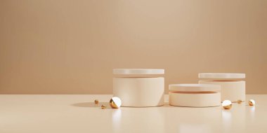 Kahverengi pastel arka planda podyum standı. 3 boyutlu görüntüleme. Sunum için bir model. Güzellik ürünleri için kozmetik.