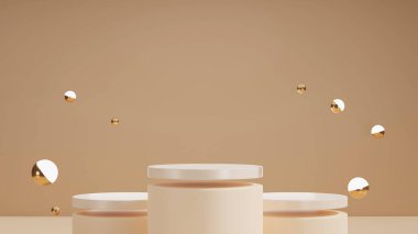 Kahverengi pastel arka planda podyum standı. 3 boyutlu görüntüleme. Sunum için bir model. Güzellik ürünleri için kozmetik.