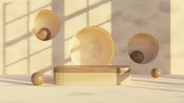 3D görüntüleme, ahşap podyum ürün görüntüleme, kahverengi arka planda kozmetik ekran standı. sunum arkaplanı.