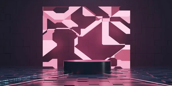 3Dレンダリング表彰台 プラットフォームスタジオは 赤ネオンでシーンを提供します 商品発表の場を提供します 抽象幾何学的背景 ブロック構造だ デジタル技術の構成 — ストック写真