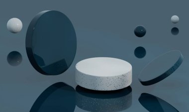 3D Platform Stüdyosu, sahne ışıklarıyla donatılmış. Ürün sunumu için gösteri sahnesi. Soyut geometrik arkaplan. Blok yapısı. Dijital teknoloji bileşimi