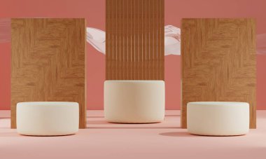 3D görüntüleme, kahverengi ahşap podyum, kahverengi arka planda kozmetik standı. Soyut taş platform podyum ürün sunumu arkaplanı.