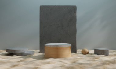 3D görüntüleme, kahverengi taş podyum, mavi arka planda kozmetik standı. Soyut taş platform podyum ürün sunumu arkaplanı.