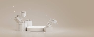 3D tasvir, Noel 3D tarzı, beyaz hediye kutusu Mutlu Noeller ve Yeni Yıl bayrağı ile beyaz podyum. Podyumlu Beyaz Mevcut.