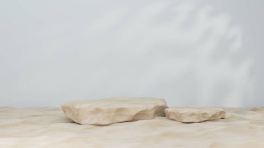 3d rendering mock up scene with podium geometry shape for product display. Cosmetic podium. blocks structure. White geometric stage platform with plant shadow. Cosmetic bottle