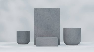 3d rendering mock up scene with podium geometry shape for product display. Cosmetic podium. blocks structure. White geometric stage platform with plant shadow. Cosmetic bottle