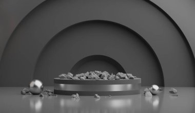 3d render of crystal ball with broken pieces of stone on a gray background. Black podium in dark room. podium in the dark room with geometric shapes.