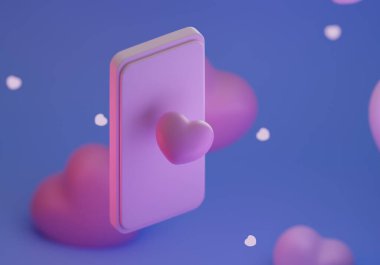 Cep telefonunun üç boyutlu görüntüsü. Mavi arka planda kalp ve aşk var. Sevgililer Günü 'nün arka planı. Telefon ve kalp unsurları..