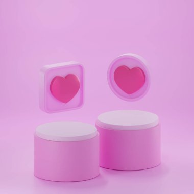 3d rendering empty space cylinder pink podium valentine's day ,heart shape 