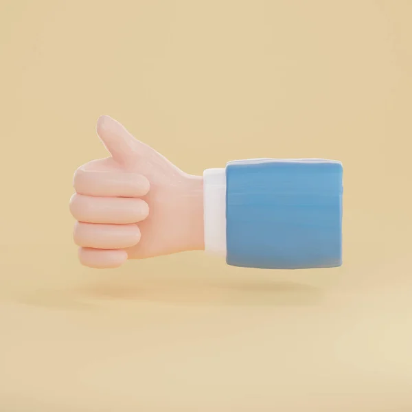 3d render of hand with thumbs up gesture isolated on yellow background.3d render of plasticine hand isolated on beige background.