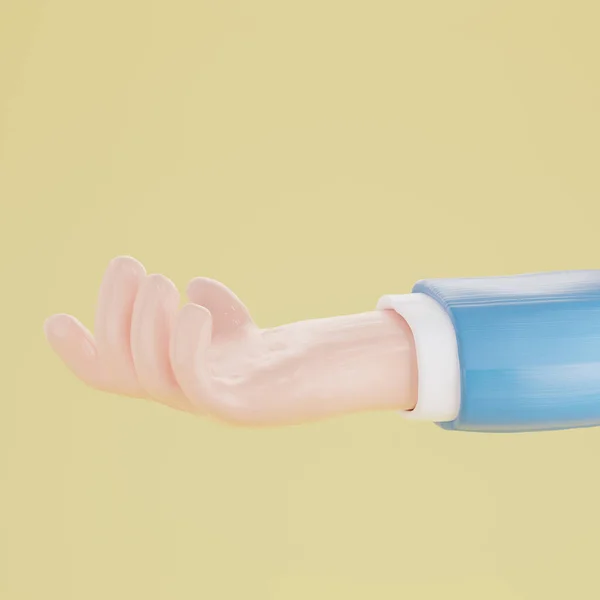 Hand holding isolated on yellow background. 3d rendering.  plasticine hand isolated on beige background.