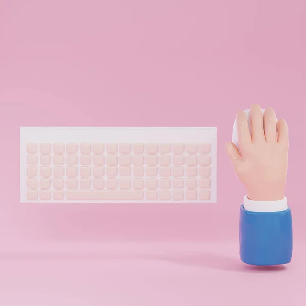 Hand with computer keyboard and mouse on pink background. 3D Rendering, Hand ,keyboard isolate. 3D illustration. Working concept.