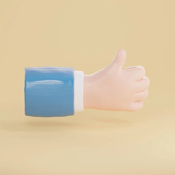 3d render of hand with thumbs up gesture isolated on yellow background. 3d render of plasticine hand isolated on beige background.