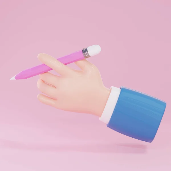 Hand with pen on pink background, 3d render. Business concept.Hand with eraser isolated