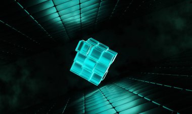 3d render cubes with blue glowing on dark background. Technology background. Cyberspace concept . Hi tech , 3D futuristic. 