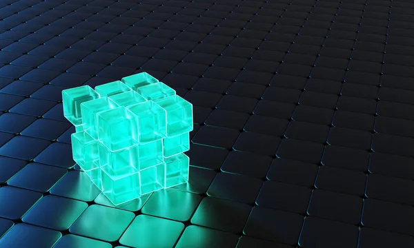 3d render cubes with blue glowing on dark background. Technology background. Cyberspace concept . Hi tech , 3D futuristic.
