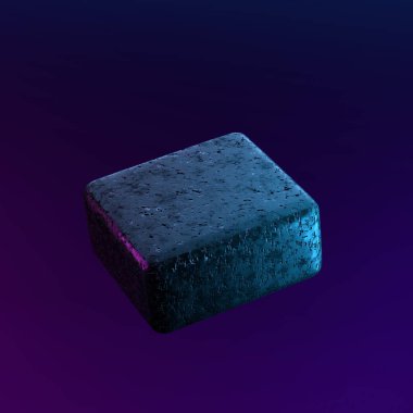 3d rendering abstract cube metal with blue and purple neon light.  Sci fi scene. abstract sci fi scene background. Abstract minimalist background