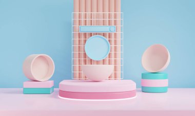 Podyum ve soyut arkaplan içeren 3D görüntü. Geometrik şekilli pastel renkler dahili. Kozmetik ürün gösterimi. mavi, pembe, yeşil ve beyaz.