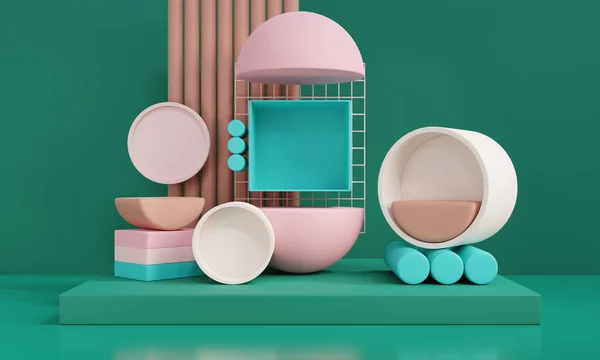 stock image 3D render Minimal scene with podium and abstract background. Pastel colors with Geometric shapes interior.cosmetic product show. green background.