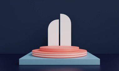 Podyum ve soyut arkaplan içeren 3D görüntü. Geometrik şekilli pastel renkler dahili. Kozmetik ürün gösterimi. mavi, pembe, yeşil ve beyaz.