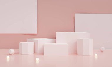 Podyum ve soyut arkaplan içeren 3D görüntü. Geometrik şekilli pastel renkler dahili. Kozmetik ürün gösterimi. pembe ve beyaz.