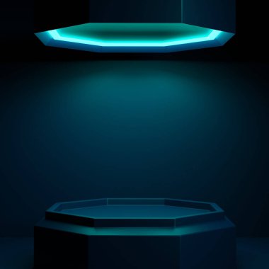 3 boyutlu görüntüleme. Neon ışığı ve podyum görüntüsü olan soyut arkaplan, ürün sunumu için vitrin. teknoloji arkaplanı. 