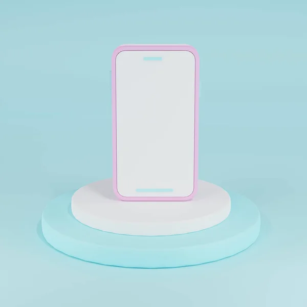 表彰台表示付き3Dスマートフォン 3Dレンダリングは 幾何学的なスマートフォンで最小限のシーンを表示します モバイルデバイスのモックアップを表示するスタンド 台座上のステージショーケース表示 — ストック写真