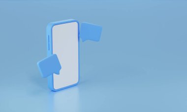 3D akıllı telefon ve mesaj konuşma balonu oluşturuluyor. Sosyal medya bildirimi. Sosyal ağ afiş şablonu. Boş ekranlı telefon izole edildi. 