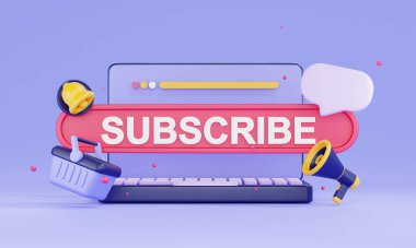 Sosyal medya için dizüstü bilgisayara 3D abonelik. 3D abone arkaplanı. Zil tuşu, kanala abone ol ve blog yaz. Sosyal medya pazarlama afişi. Web paneli için uyarı çanı simgesi, sosyal medya vlog simgeleri.