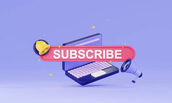 3d render subscription on the laptop for social media. 3d subscribe background. bell button, subscribe to the channel, and blog. Social media Marketing banner. Notification bell icon, social media vlog icons for web banner.