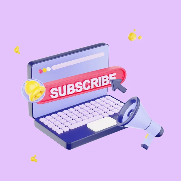 3d render subscription on the laptop for social media. 3d subscribe background. bell button, subscribe to the channel, and blog. Social media Marketing banner. Notification bell icon, social media vlog icons for web banner.