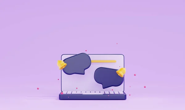3D语音泡沫与笔记本电脑紫色背景 3D在线聊天 在线聊天通知 黄色铃铛 3D笔记本电脑 在线交流 3D背景 — 图库照片