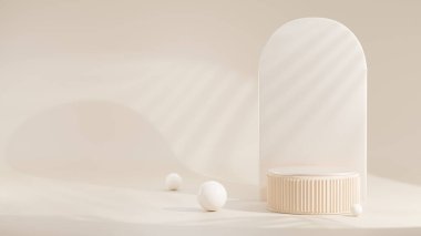 3D rendering Product display podium stand with curtain on Brown background. Mock up for the presentation. cylinder.