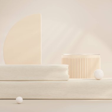 3D rendering Product display podium stand with curtain on Brown background. Mock up for the presentation. cylinder.