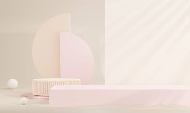 3D rendering Product display podium stand with curtain on Brown background. Mock up for the presentation. cylinder.
