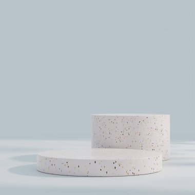 Kahverengi ve beyaz pastel arkaplan duvarı. 3d, dairedeki terrazzo podyumunun görüntüsünü oluşturur. 3D görüntüleme boş model doğal kahverengi terrazzo podyumu. 