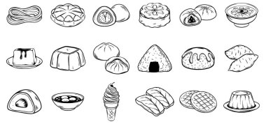 Japon yemekleri ikonları karalıyor. Çeşitli Japon yiyeceklerinin karalamalarını yapıyor.