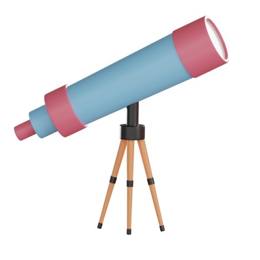 Eğitim 3D ikon illüstrasyonu, tripod standında renkli teleskop.