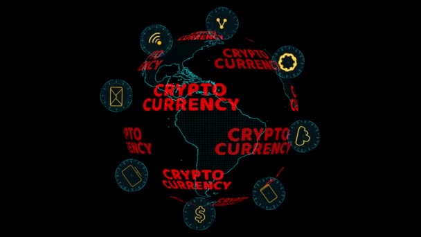 Carte Monde Avec Crypto Monnaie Numérique Texte Rouge Rotatif Icône — Video