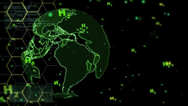 Globális Digitális Zöld Monitor Hatszög Buborékokkal Zöld Szöveg Fekete Háttér — Stock videók