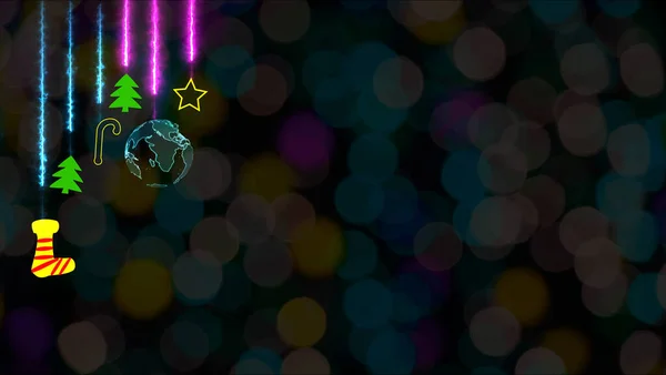 圣诞五彩缤纷的主题有数码世界旋转袜子明星树挂在天花板上跳舞滑稽派对彩虹模糊的灯光背景 — 图库照片